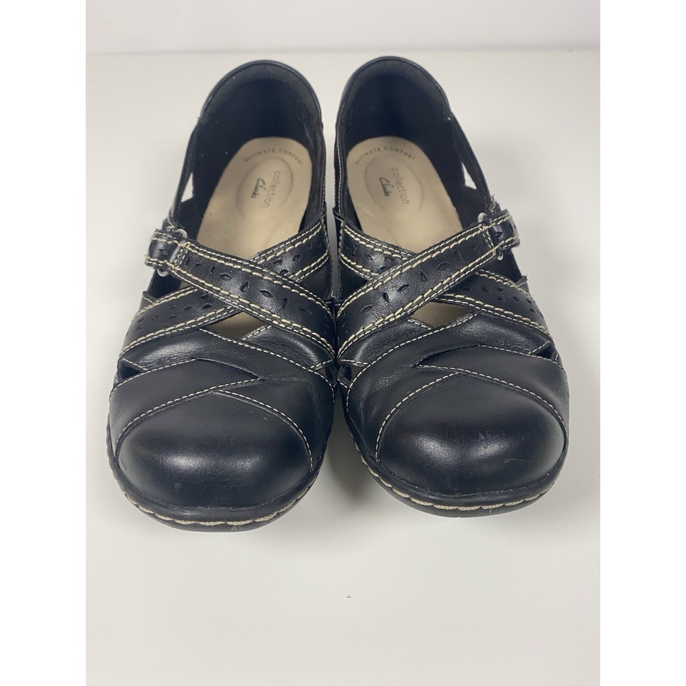 Clarks Ashland Spin Q Womens Size 8.5M Black Tan Leather Loafer Mary‎ Jane Shoes